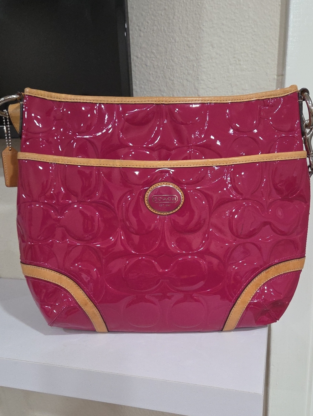 Coach Patent Crossbody Bag in Fuchsia with Tan Trim